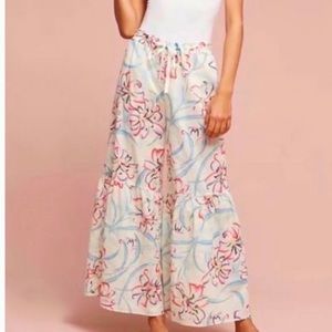 Anthropologie Ruffled Wide-Leg Pull-On Tropical Orchid 100% Cotton Flowy Pants
